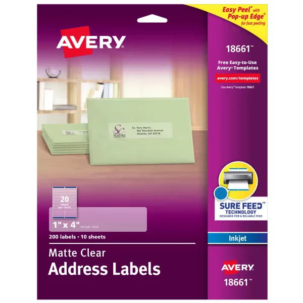 Avery&reg; Matte Clear Address Labels, Sure Feed&trade; Technology, Inkjet, 1" x 4", 200 Labels (18661)