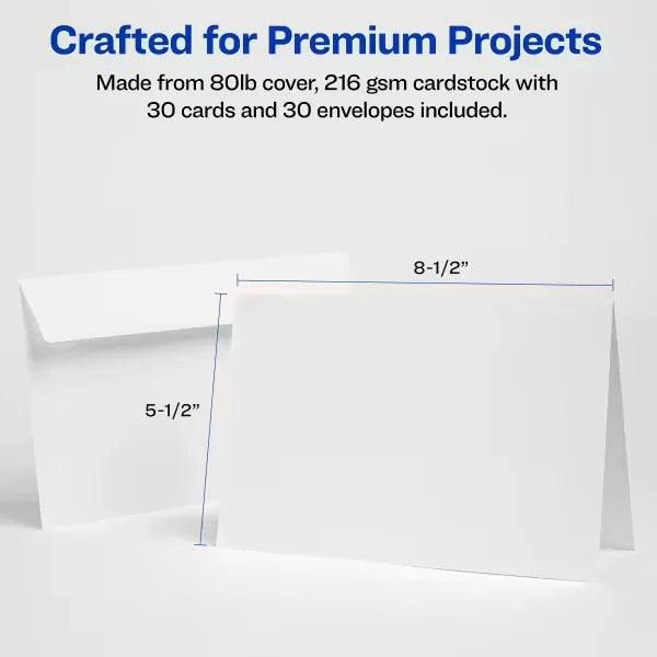 Avery&reg; Half-Fold Greeting Cards with Envelopes, 5-1/2" x 8-1/2", Matte White, Inkjet Printers, 30 Total (8316)