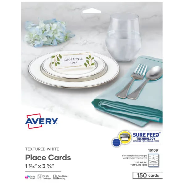 Avery&reg; Place Cards with Sure Feed&reg; Technology, 1-7/16" x 3-3/4", Textured Matte White, 150 Total (16109)