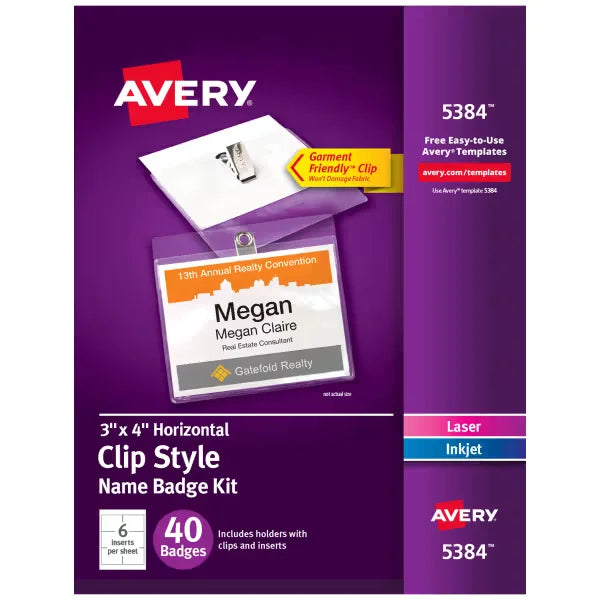 Avery&reg; Name Badges with Clips, 3" x 4", Clear Name Tag Holders with White Inserts, 40 Clip Style Name Badges (5384)