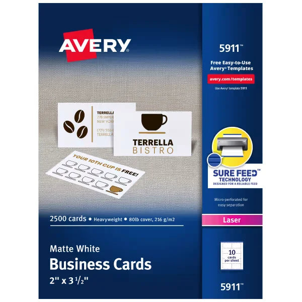 Avery&reg; Printable Business Cards with Sure Feed&trade;, 2" x 3.5", White, 2,500 Blank Cards for Laser Printers (5911)