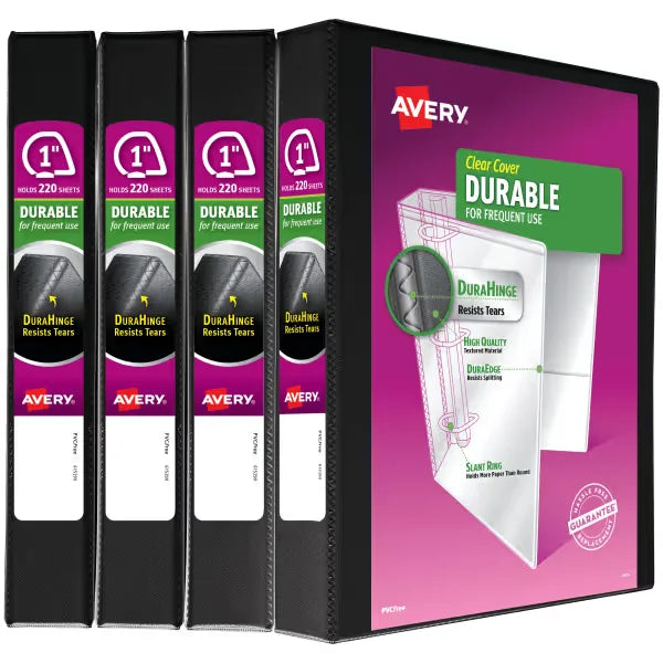 Avery&reg; Durable View Binder, 1" Slant Rings, 220-Sheet Capacity, DuraHinge, 4 Black Binders (05737)