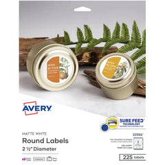 Avery&reg; 2-1/2" Diameter Round Labels with Sure Feed&trade;, Permanent Adhesive, Matte White, 225 Labels (22562)