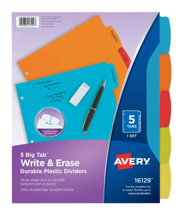 Avery&reg; Big Tab&trade; Write & Erase Durable Plastic Dividers, 5-Tab Set, Multicolor (16129)