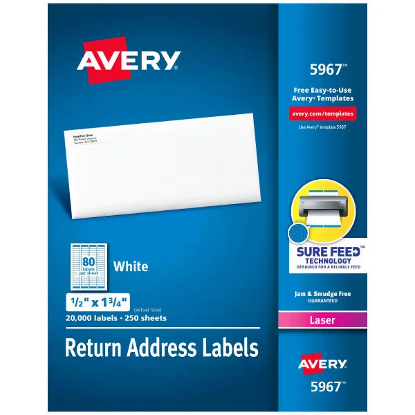 Avery&reg; Return Address Labels, Sure Feed&trade; Technology, Permanent Adhesive, 1/2" x 1-3/4", 20,000 Labels (5967)