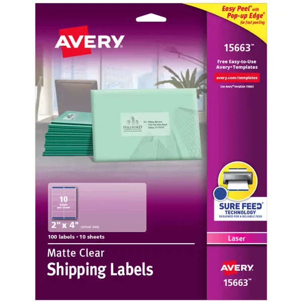 Avery&reg; Matte Clear Shipping Labels, Sure Feed&trade; Technology, Laser, 2" x 4", 100 Labels (15663)