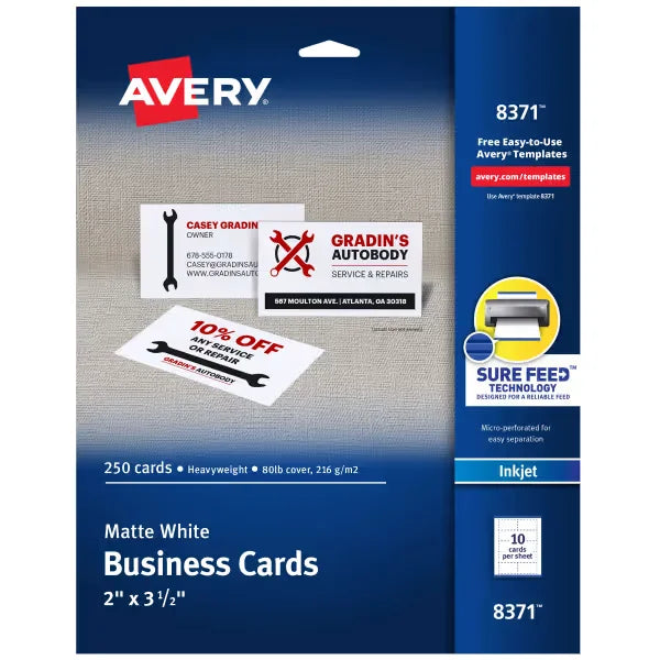 Avery&reg; Printable Business Cards with Sure Feed&trade;, 2" x 3.5", White, 250 Blank Cards for Inkjet Printers (8371)