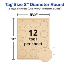 Avery&reg;  Kraft Brown Round Tags with Sure Feed&reg;  Technology, 2" Diameter, Laser/Inkjet, 96 Tags with Strings (80515)