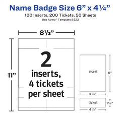 Avery&reg; Vertical Style Name Badge Inserts with Tickets, 6" x 4-1/4", White, 100 Printable Name Tag Inserts (8522)