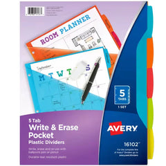 Avery&reg; Durable Plastic 5-Tab Write & Erase Dividers with Pockets, Multi Brights, Works With Sheet Protectors (16102)