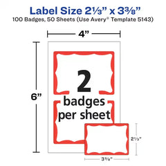 Avery&reg; Adhesive Name Badge Labels, 2-1/3" x 3-3/8", Red Border, 100 Removable Name Badges (05143)