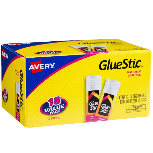 Avery(R) Glue Stick, White, 1.27 oz., Washable, 18 Permanent Glue Sticks, Value Pack (00192)