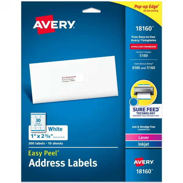 Avery&reg; Easy Peel&reg; Address Labels with Sure Feed&reg;, 1" x 2-5/8", White, 300 Blank Mailing Labels (18160)