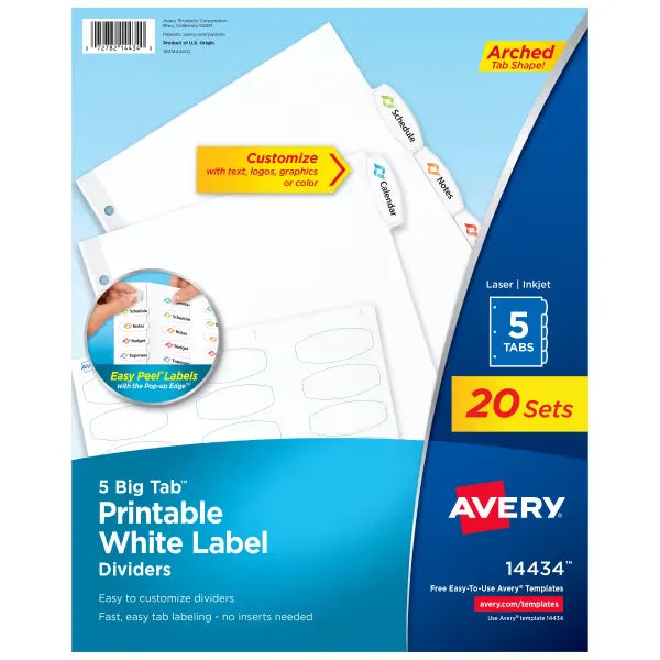 Avery&reg; Big Tab&trade; Printable White Label Dividers, Easy Peel Labels&reg;, 5 Tabs per Set, White (20 Sets of 14434)