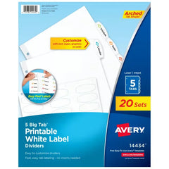 Avery&reg; Big Tab&trade; Printable White Label Dividers, Easy Peel Labels&reg;, 5 Tabs per Set, White (20 Sets of 14434)