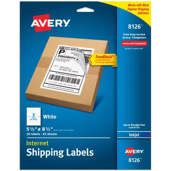 Avery&reg; TrueBlock&reg; Half-Sheet Shipping Labels, 5-1/2" x 8-1/2", White, 50 Blank Mailing Labels (8126)