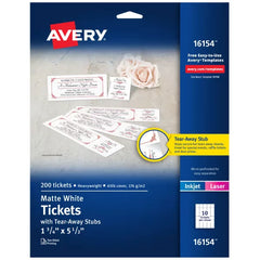 Avery&reg; Printable Tickets with Tear-Away Stubs, 1.75" x 5.5", Matte White, 200 Blank Tickets for Laser and Inkjet Printers (16154)