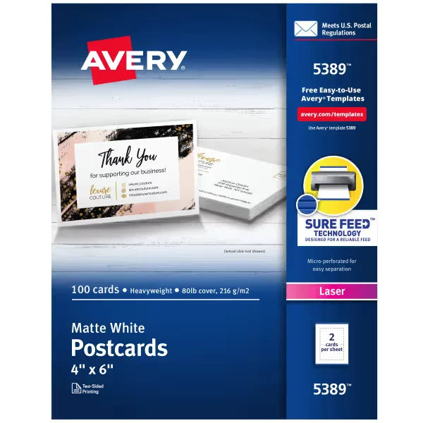 Avery&reg; Postcards with Sure Feed&reg; Technology, 4" x 6", White, 100 Blank Postcards for Laser Printers (5389)