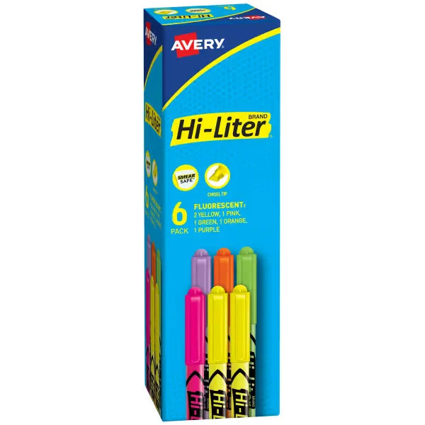 Avery(R) Hi-Liter(R) Pen-Style Highlighters, SmearSafe(R), Chisel Tip, 6 Assorted Color Highlighters (23565)