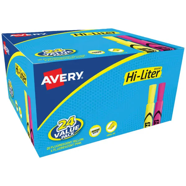 Avery(R) Hi-Liter(R), Pink and Yellow Highlighters, Desk Style, Chisel Tip, 24 Total (98189)