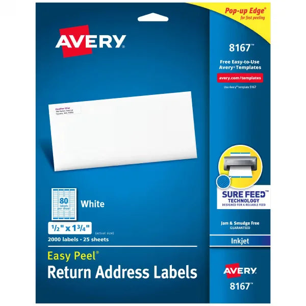 Avery&reg; Easy Peel&reg; Return Address Labels, Sure Feed&trade; Technology, Permanent Adhesive, 1/2" x 1-3/4", 2,000 Labels (8167)