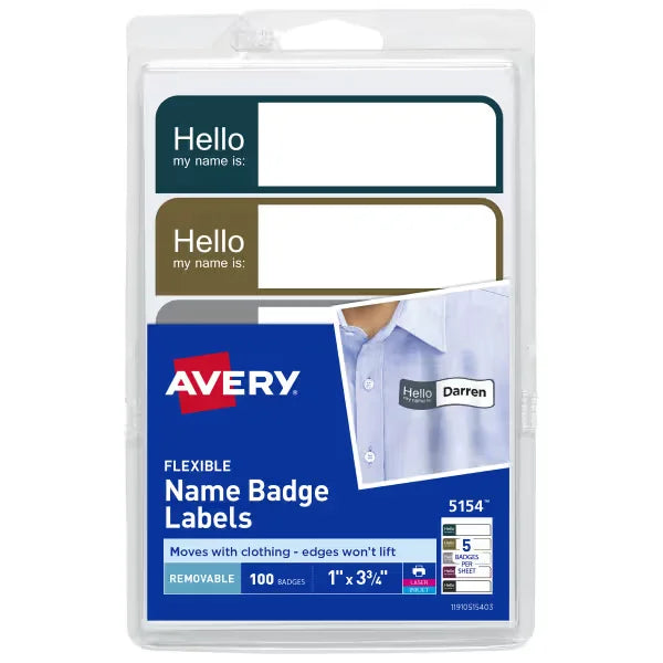 Avery&reg; Flexible Adhesive Name Badge Labels, 1" x 3-3/4", Assorted, 100 Removable Name Badges (05154)