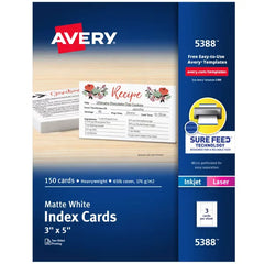Avery&reg; Index Cards with Sure Feed&reg; Technology, 3" x 5", Matte White, Laser & Inkjet Printers, 150 Total (5388)
