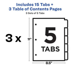 Avery&reg; Ready Index&reg; Dividers, 5 Tab Sets, Customizable Table of Contents, Multicolor Tabs, 3 Sets (11070)