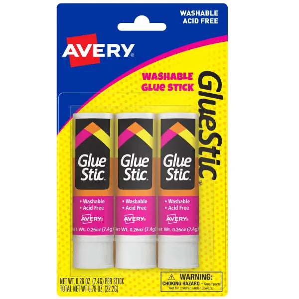 Avery(R) Glue Stick, White, 0.26 oz., Washable, 3 Permanent Glue Sticks (00164)